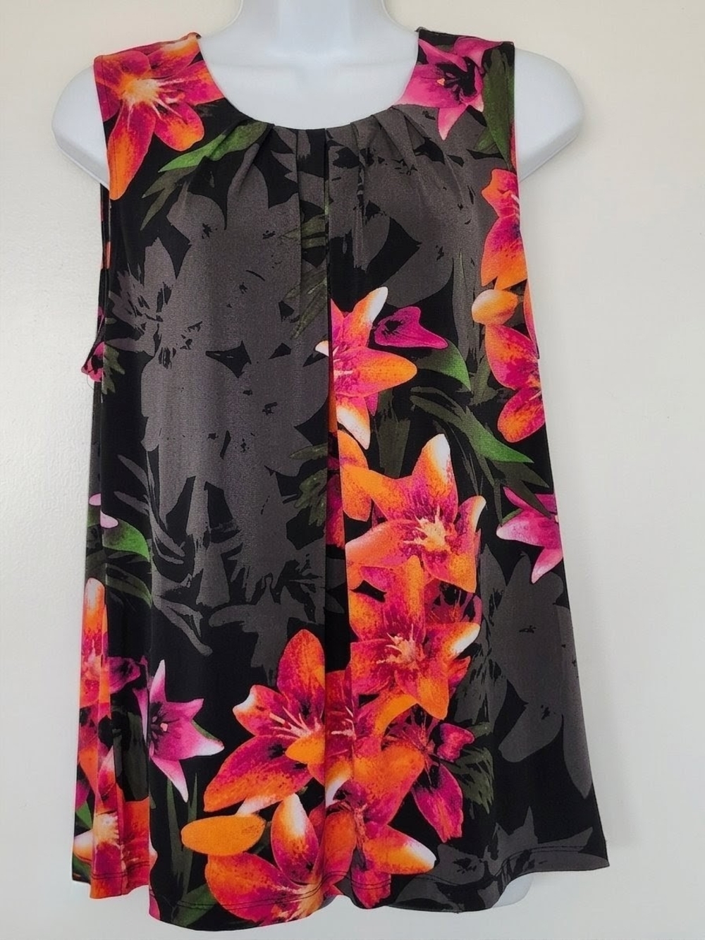 Worthington Black Floral Sleeveless Tunic with Pink and Orange Accents XL